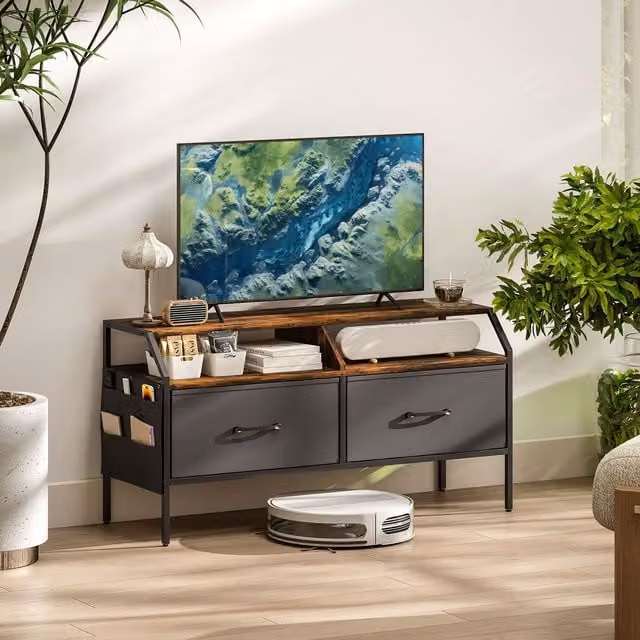 HOMCOM Rustic Brown TV Stand Cabinet with 2 Foldable Drawers, W: 90 cm, D: 35 cm