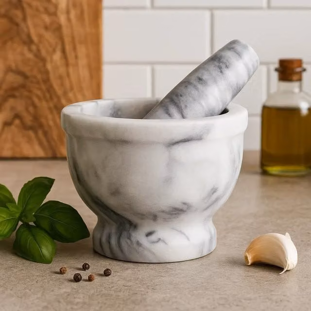 Orsina Salerno Grey Marble Round Mortar and Pestle with Rim