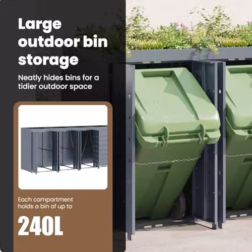 vidaXL Wheelie Bin Storage for 5 Bins, Grey, W: 340 cm, D: 77.5 cm, H: 121.5 cm – 4