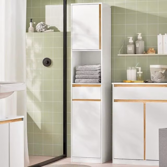 SoBuy Modern White Freestanding Tall Bathroom Cabinet with Hinged Doors and Internal Shelves, H 170 x W 33 x D 34.8 cm