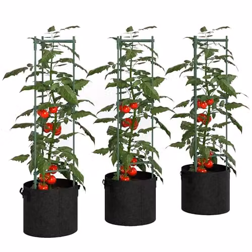 Outsunny 3 Pack Green Tomato Cages with 83.7L Grow Bags and 120cm Adjustable Steel Stakes