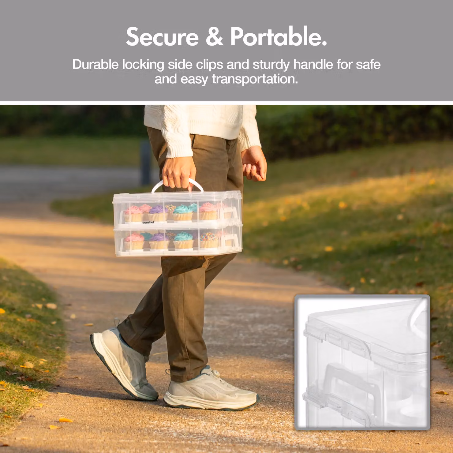 VonShef Two Tier Stackable Cupcake Carrier with Handle in Transparent Plastic – 2