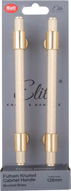 Pack of 2 Fulham Knurl T Bar Cabinet Handles in Brushed Brass, 128mm