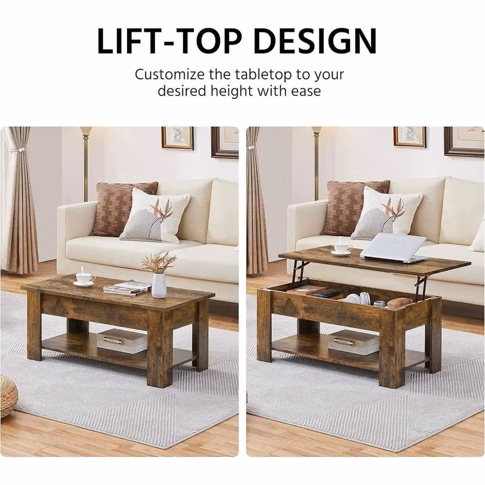 Nordara Rectangular Lift Up Coffee Table in Dark Brown Wood Finish – 4