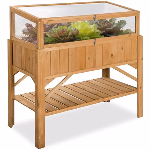 tectake Raised Garden Bed with Cold Frame and Shelf in Brown, Made of Weather-Resistant Pinewood with Polycarbonate Lid, W/D/H: 119 x 57 x 90 cm – 1