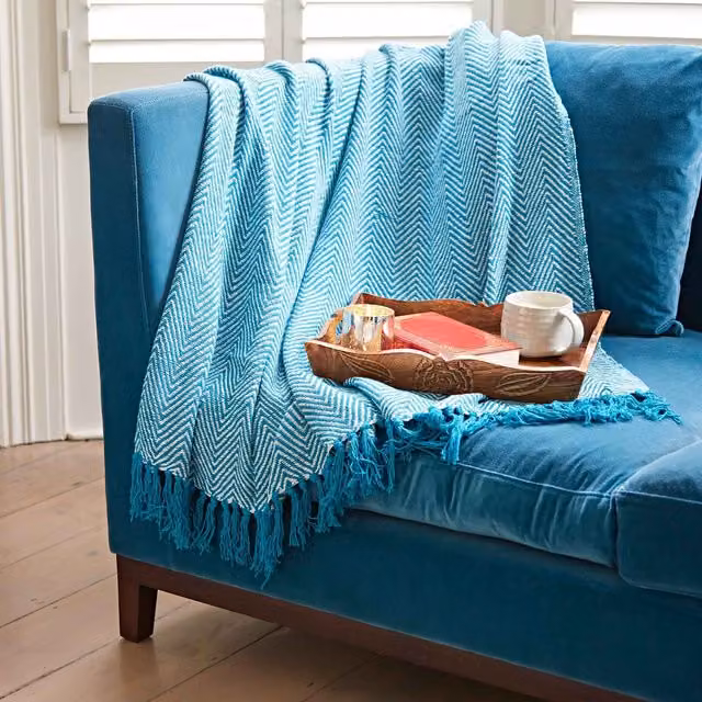 Paper High Chevron Woven Repurposed Cotton Throw in Turquoise