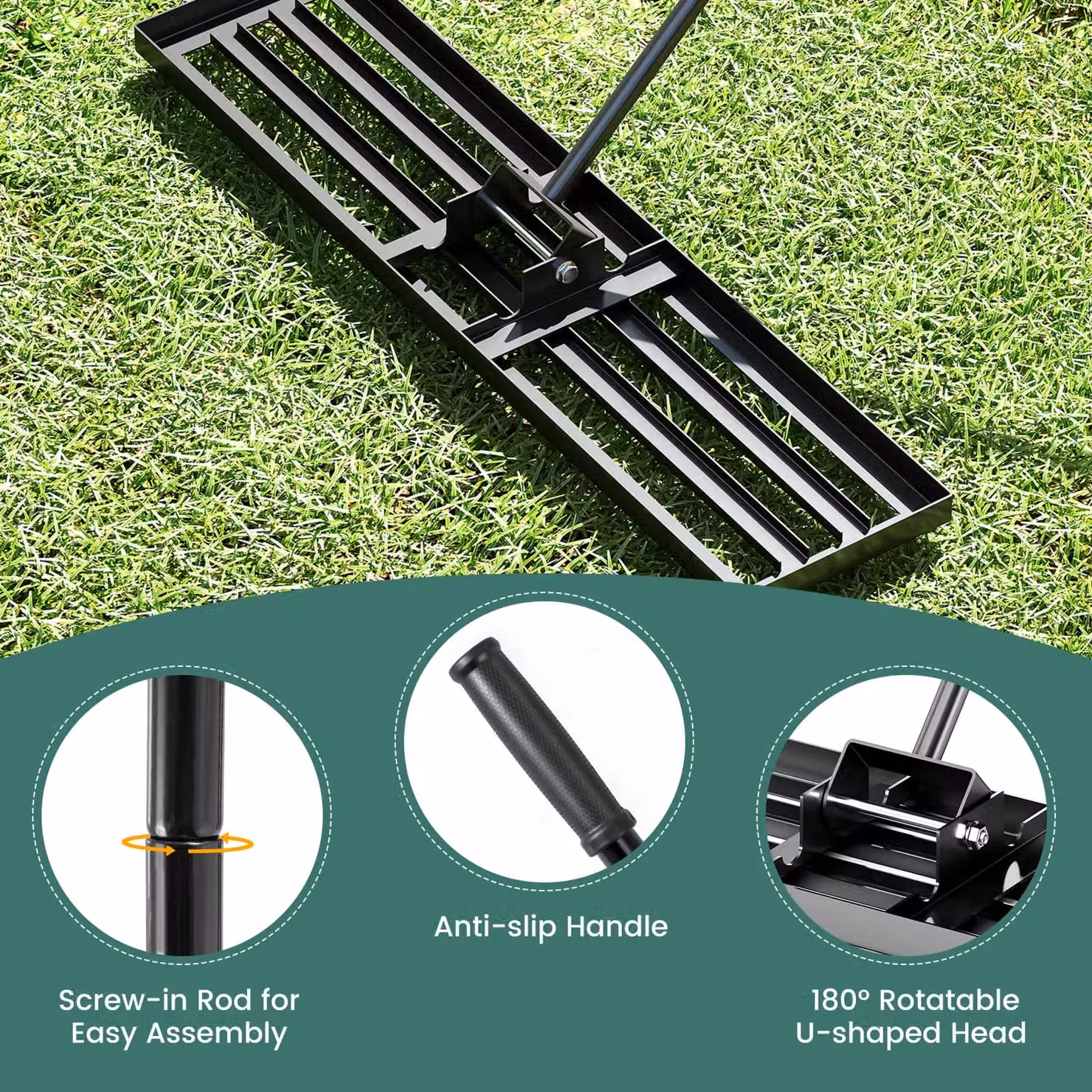 Gymax Heavy Duty Lawn Leveling Rake with Ergonomic Handle in Black – 3