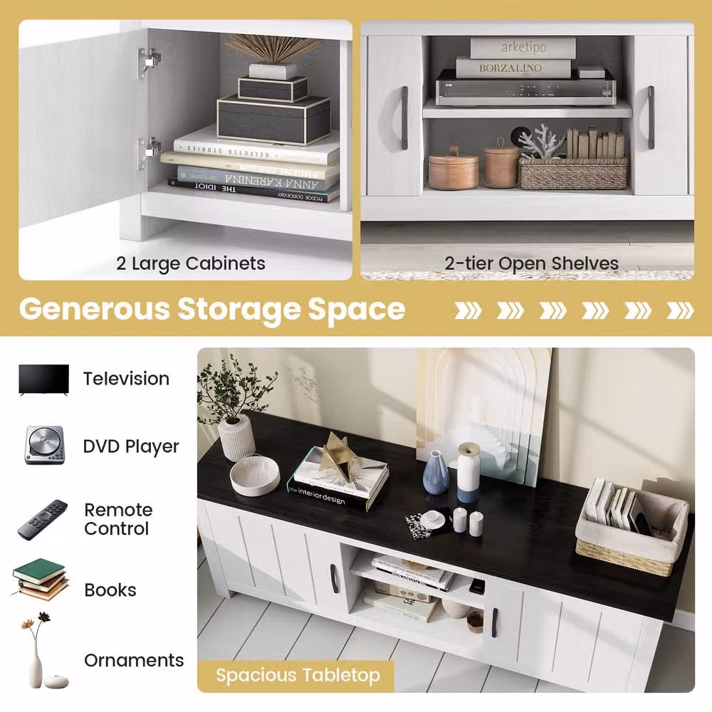 Costway Modern White TV Stand for TVs up to 65 inch with 2 Cabinets and Media Compartments – 5