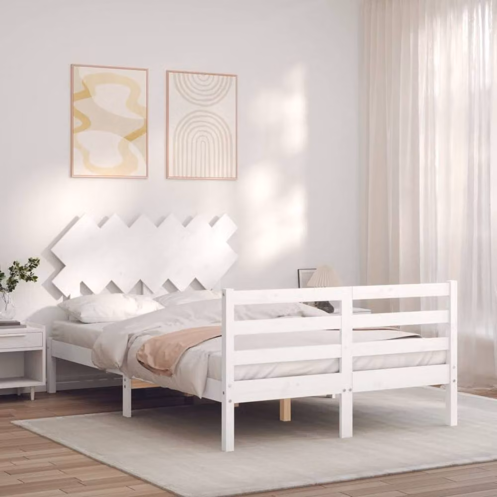 Berkfield Home Small Double Solid Wood Bed Frame with Headboard in White, W/D/H: 120 x 200 cm – 2