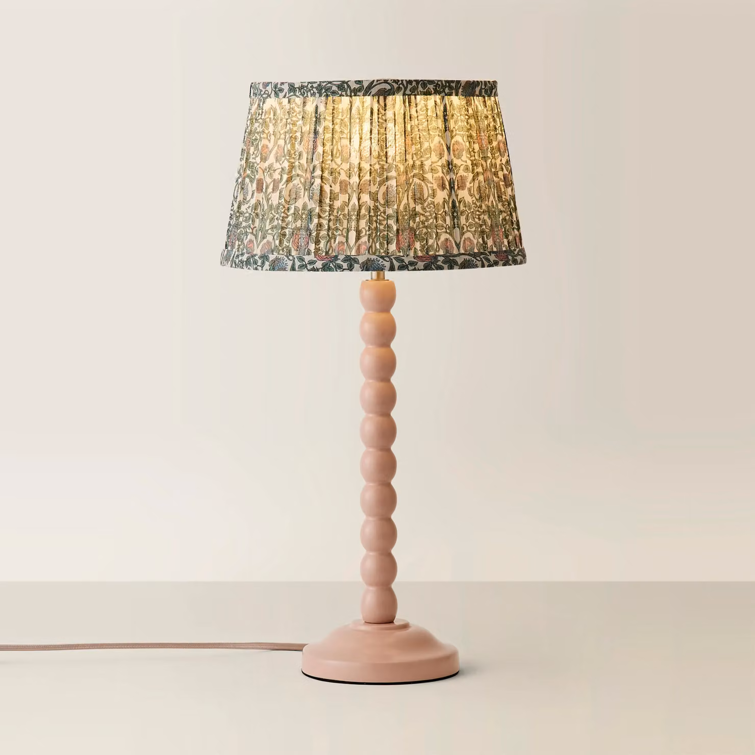 ValueLights Bobbin Bobble Table Lamp with Floral Pleated Tapered Shade in Pale Pink – 2