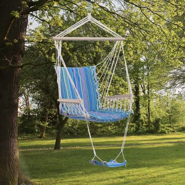OUTSUNNY Blue Outdoor Hammock Hanging Rope Swing Seat with Armrests and Footrest
