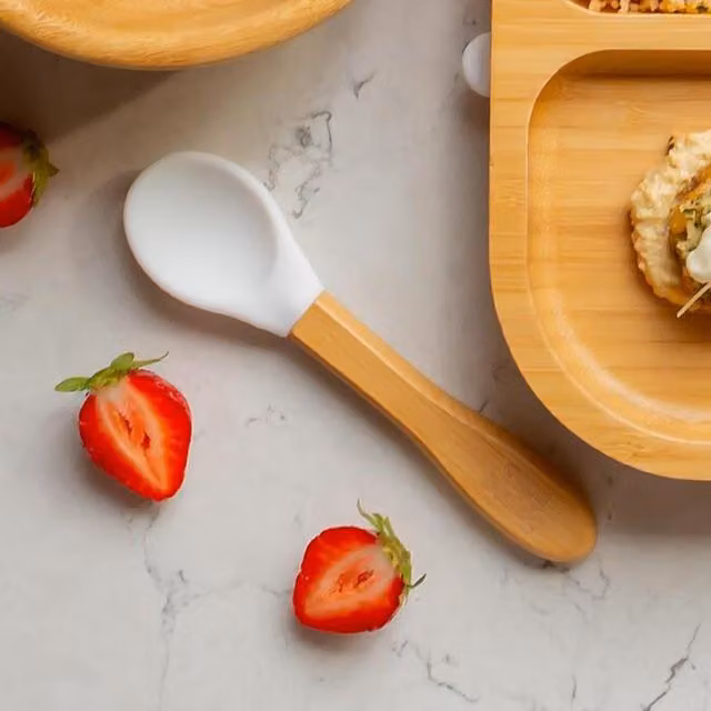 Tiny Dining Children's Bamboo Spoons with White Silicone Tips, Pack of 2, 14 cm