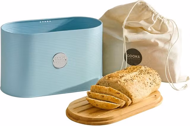 Cooks Professional Ribbed Bread Bin with Linen Bag and 2-in-1 Bamboo Cutting Board Lid in Blue and Silver