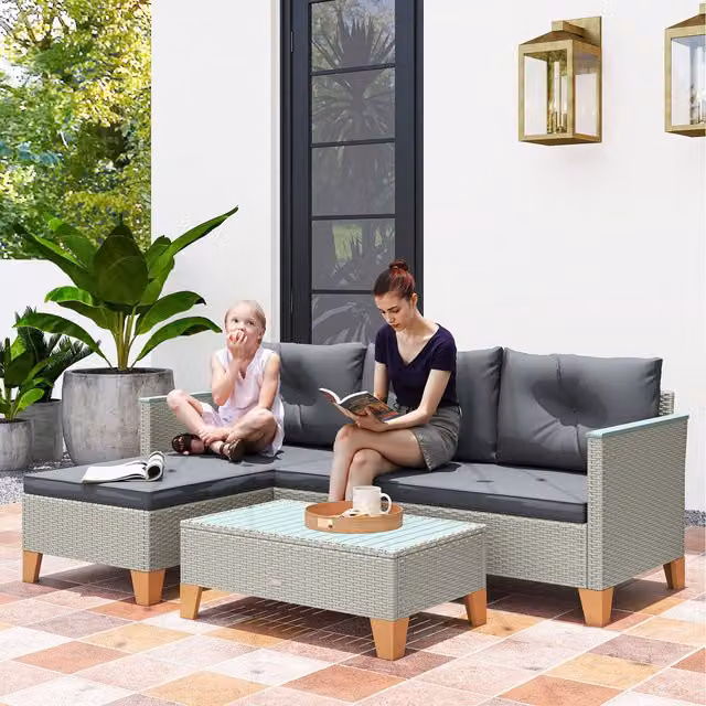 Outsunny 3 Piece L Shaped Rattan Garden Furniture Set in Charcoal Grey with Acacia Wood