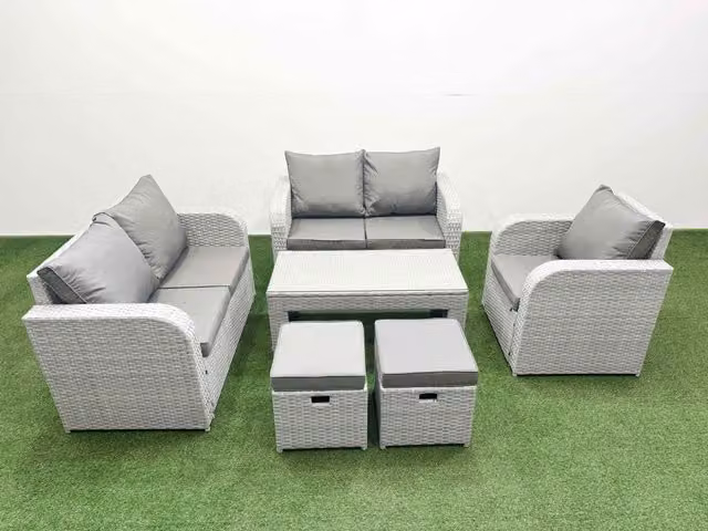 Fimous High Back Poly Rattan Garden Furniture Set in Light Grey with 2 Seater Sofa, Reclining Chair, Coffee Table and Ottoman