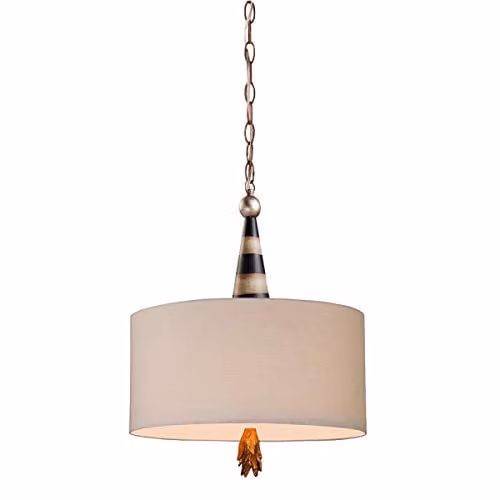 Loops Suspended Cylinder Ceiling Pendant Light in Black, Cream and Gold/Brass with Fabric Shade and Pull Chain