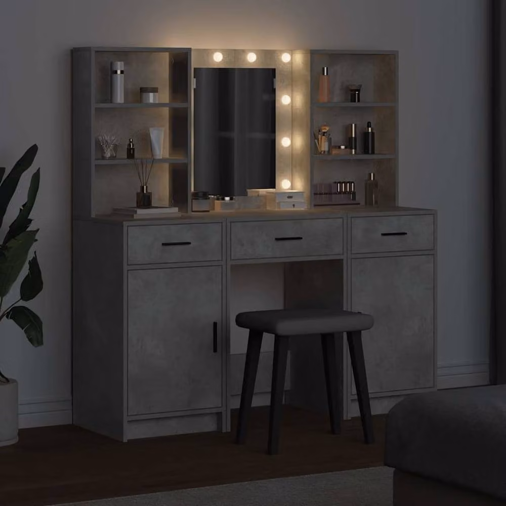 Berkfield Home 3 Piece Hollywood LED Dressing Table Set in Concrete Grey – 2