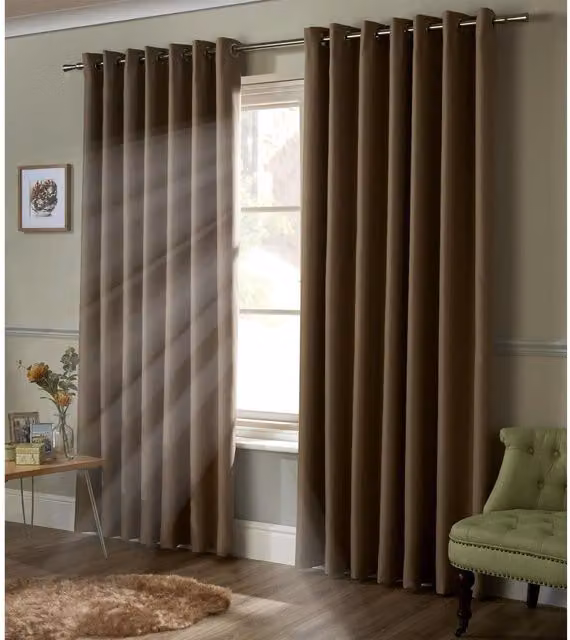 Livinluxury Plain Beige Satin Blackout Eyelet Curtains, W: 117 cm, H: 183 cm