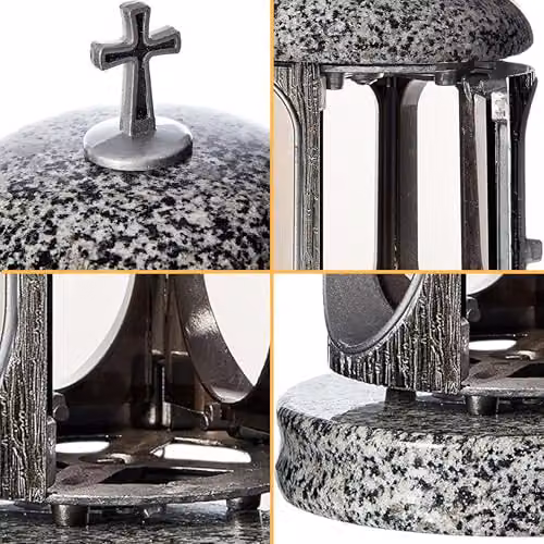 NOVECRAFTO Large Round Granite Memorial Lantern in Grey and Silver with Cross, H: 22 cm – 8