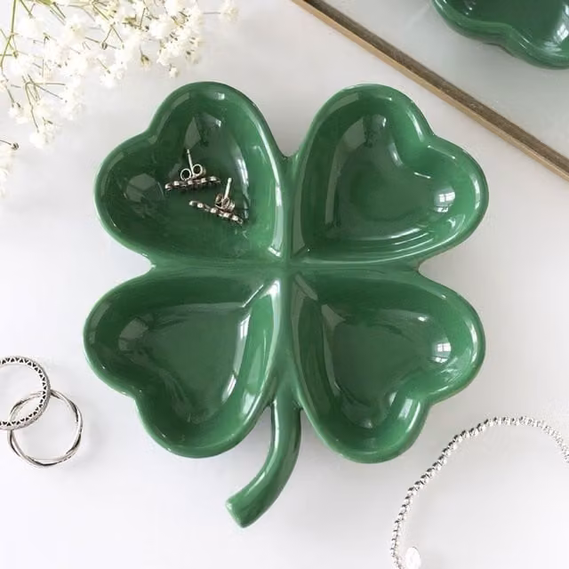 Kingsbury Gifts Organic Ceramic Four-Leaf Clover Trinket Tray in Green