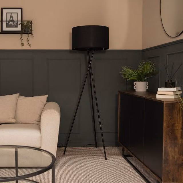ValueLights Camden Tripod Floor Lamp with Fabric Drum Shade in Black