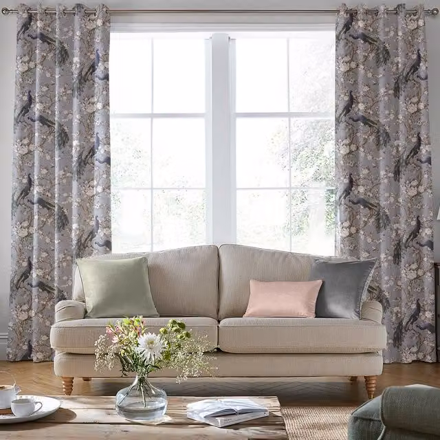 Laura Ashley Belvedere Made to Measure Velvet Floral Fabric Panel Curtain in Pale Iris Purple and Grey with Eyelets