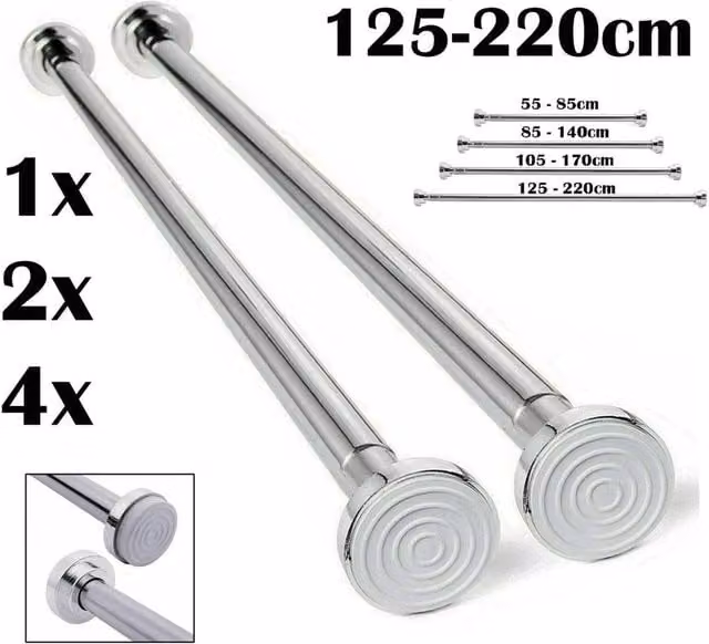 FLAVORA 2-Pack Heavy Duty Telescopic Shower Curtain Pole in Silver with Tension Clamp