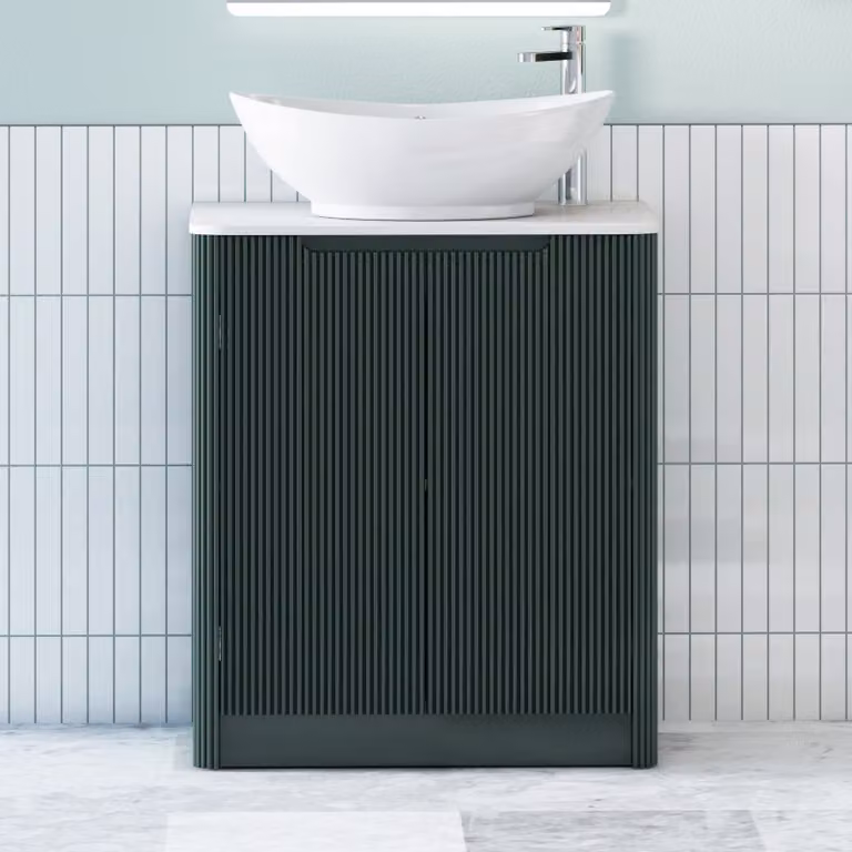 Royal Bathrooms Avenza Floor Standing 2 Door Vanity Unit in Moss Green with Plain White Worktop and Amaze Basin