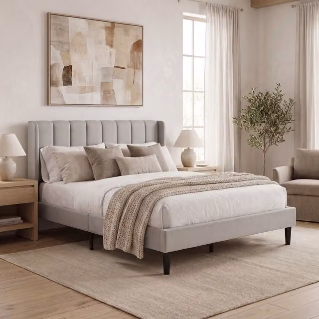 Vida Designs Modern Upholstered King Bed in Beige, W/D/H: 180 x 200 cm