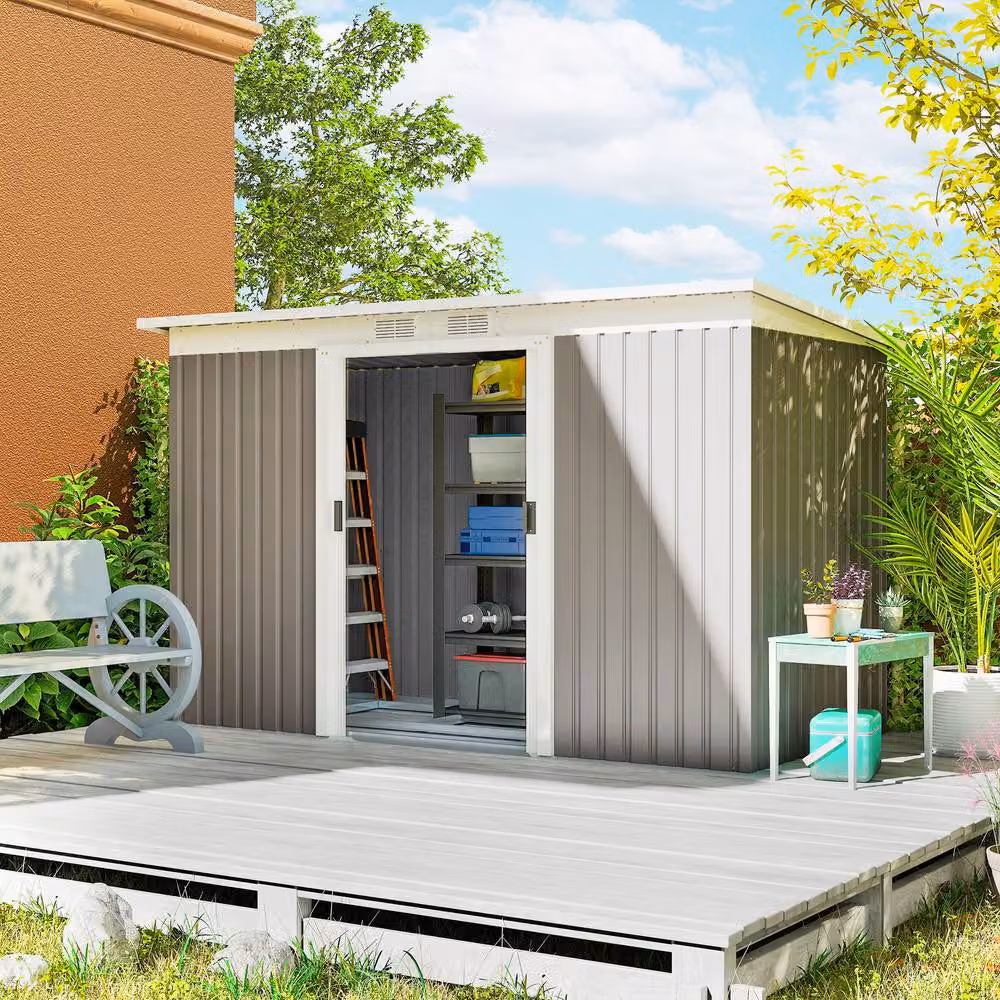 Rolipo Corrugated Metal Garden Shed with Ventilation Kit and Window, Light Grey, W/D/H: 274.32 x 121.92 x 158.0 cm – 2