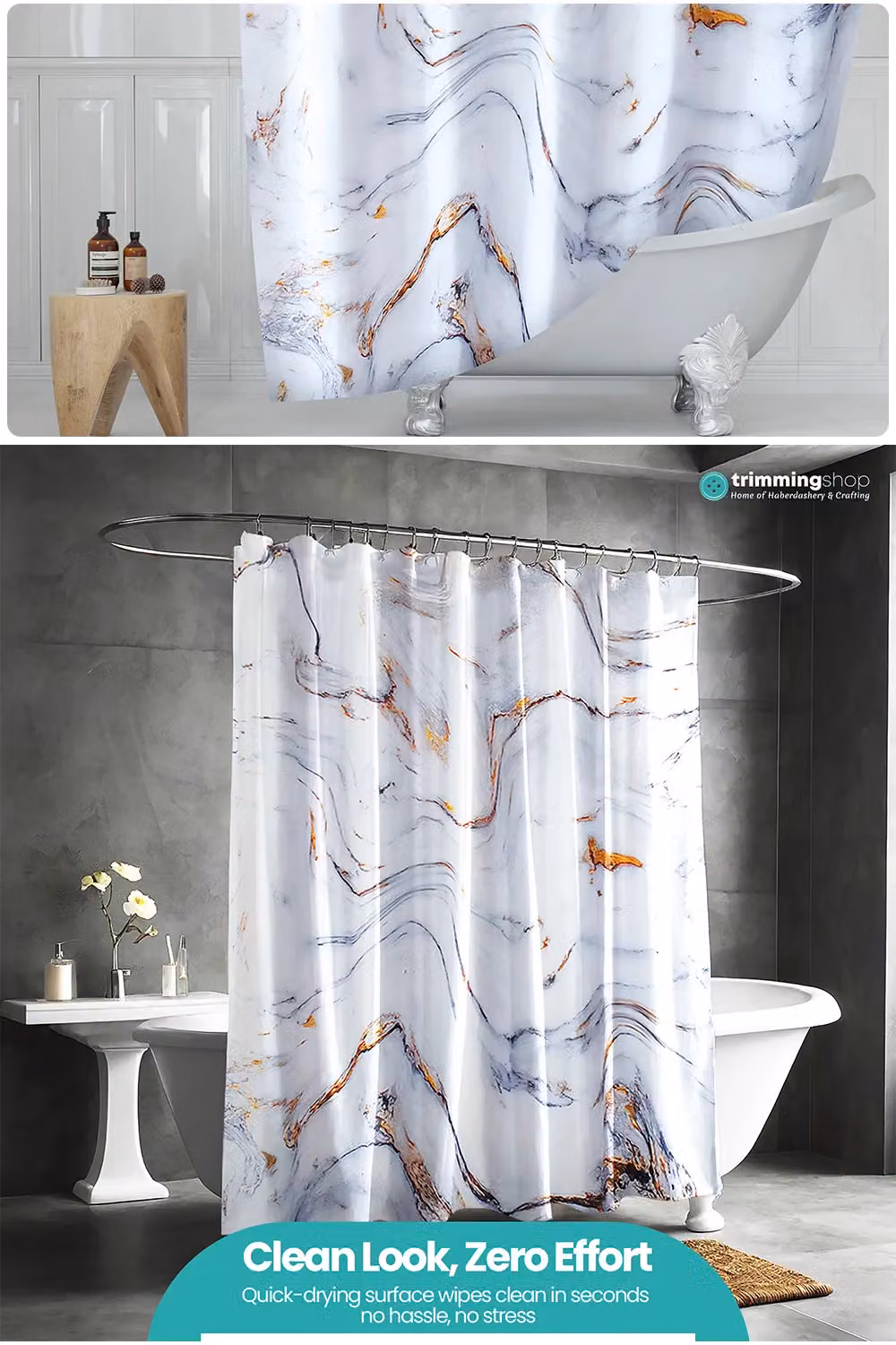Neel Blue Marble Pattern Polyester Shower Curtain in Blue, White and Grey, W: 180 cm, H: 180 cm – 2