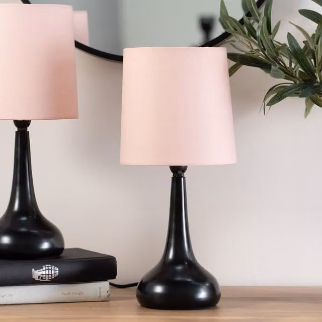 ValueLights Teardrop Pair of Compact Fabric Bedside Touch Table Lamps in Baby Pink and Black