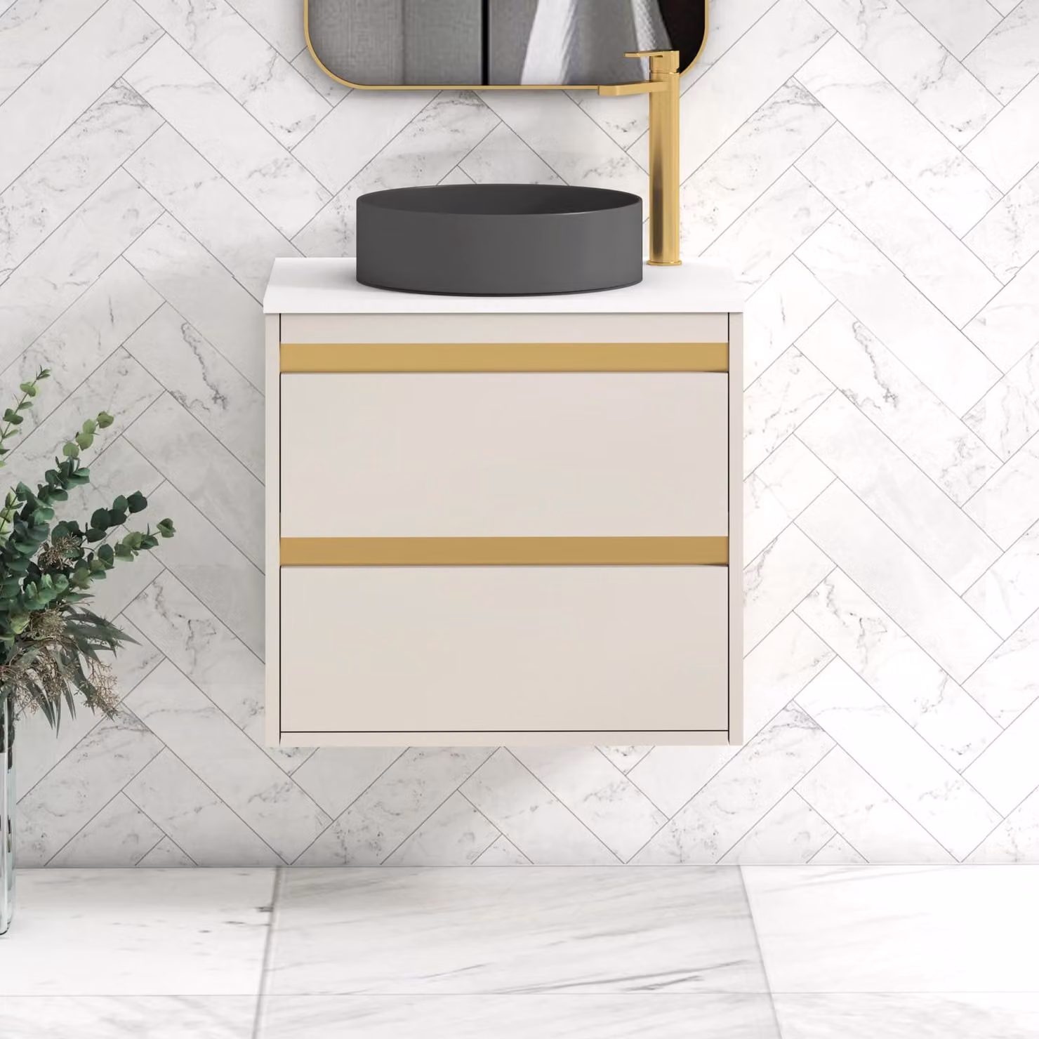 Royal Bathrooms Orion 600mm Wall Hung Vanity Unit in Warm Taupe with White Countertop, 2 Drawers, Art Round Basin and Brushed Brass Accents