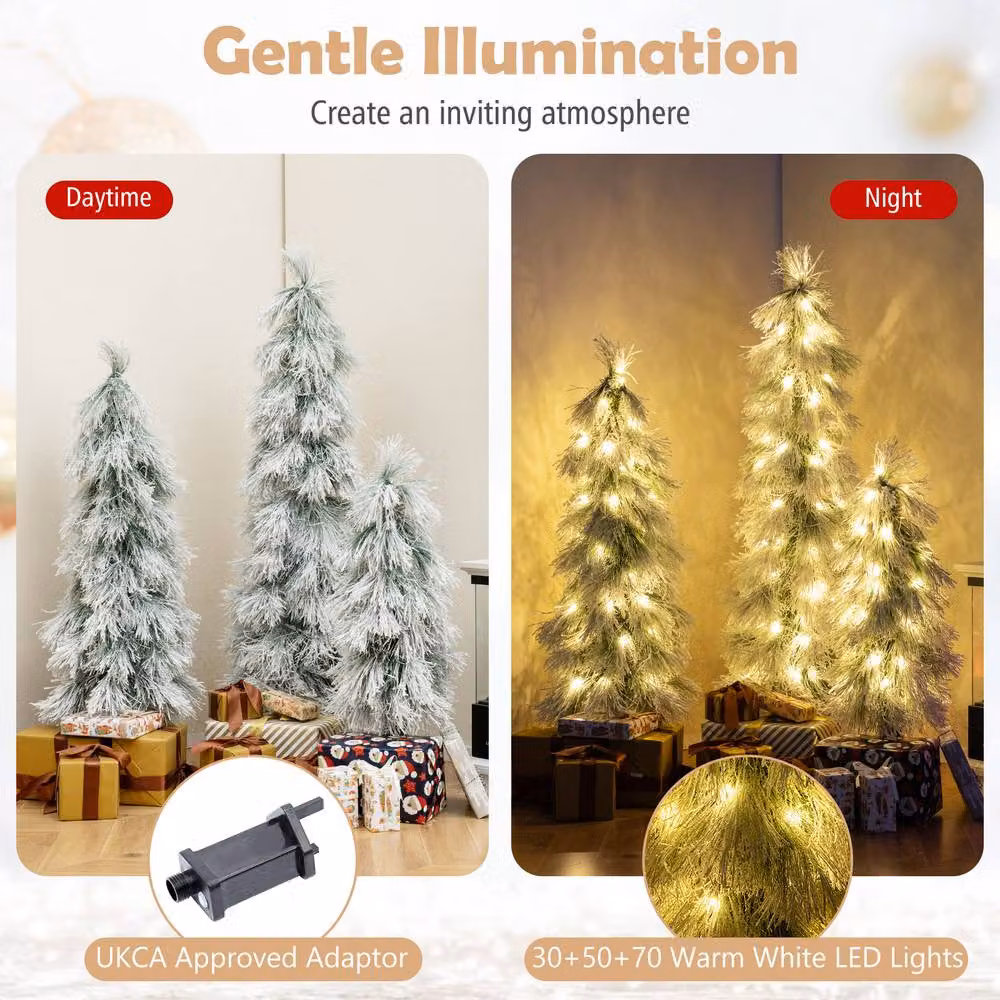 Gymax 3-Piece Pre-lit Snow Flocked Christmas Tree Set in Green and White – 5