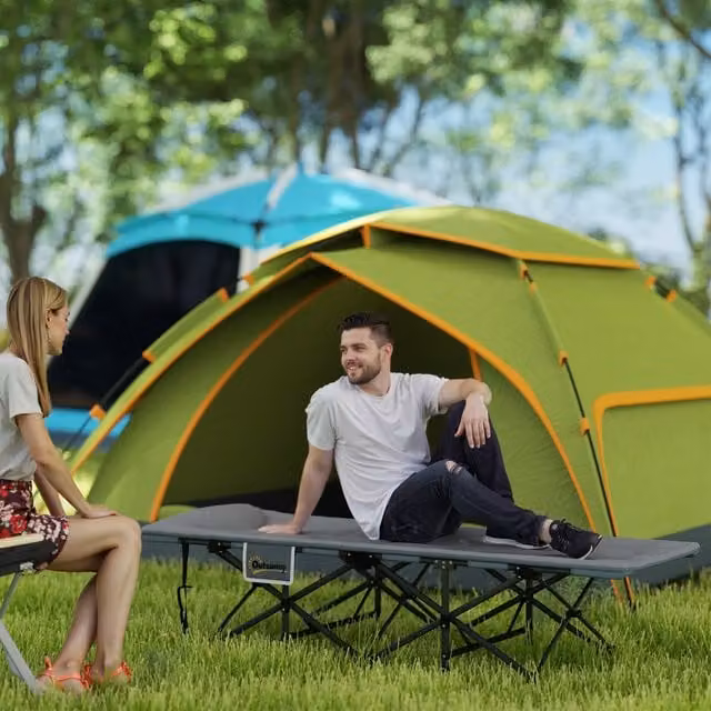 Outsunny Folding Camping Bed for Adults with Weatherproof Cushion and Side Compartments, Grey