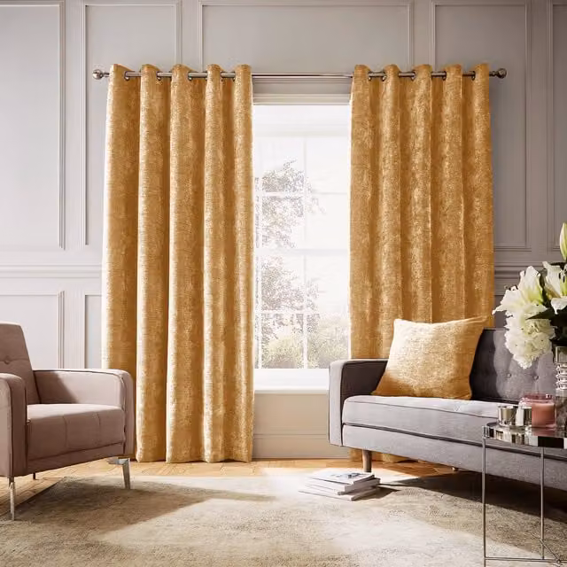 Hyperion Selene Amber Gold Jacquard Chenille Eyelet Curtains with Thermal Insulation
