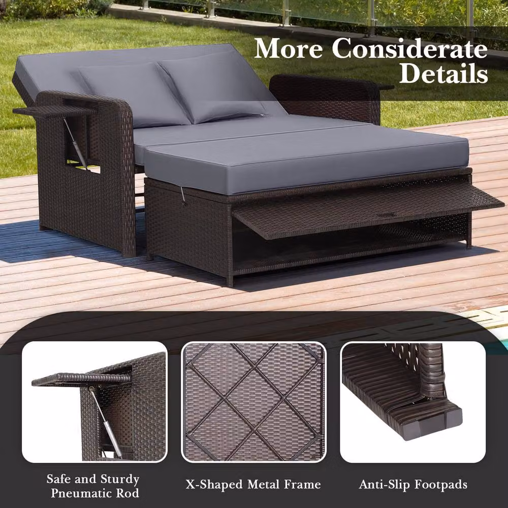 Costway Grey Polyrattan Patio Daybed Set with Loveseat Sofa, Ottoman and Side Tray – 5