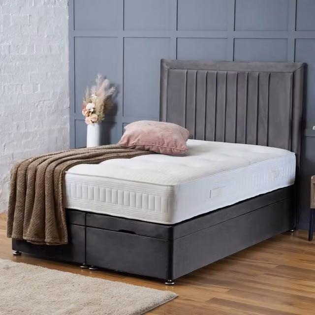 BSSPOKE King Size Canes Ottoman Divan Bed in Grey Plush Velvet with 54 inch Headboard