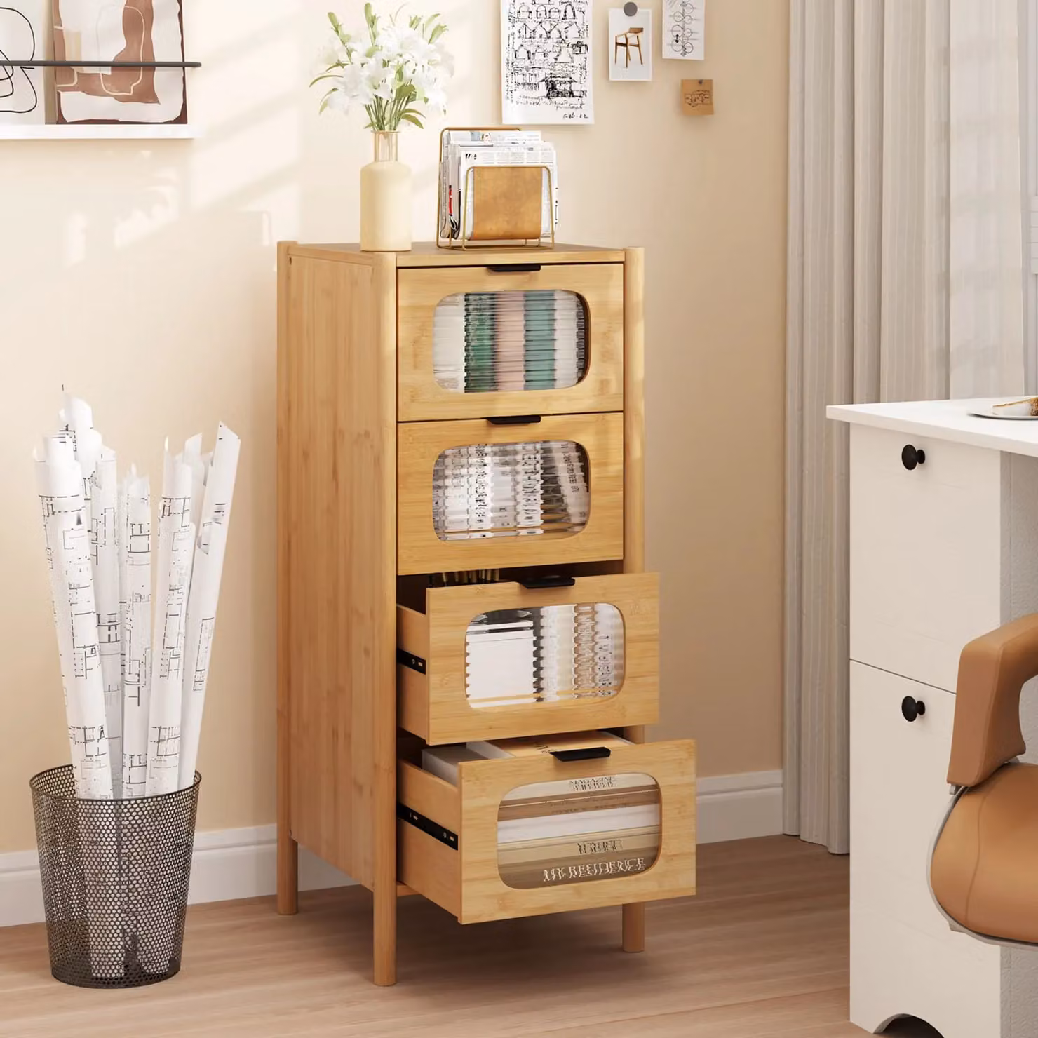 Costway 4-Drawer Bamboo Storage Cabinet with Tempered Glass Drawers in Natural Sand Finish – 5