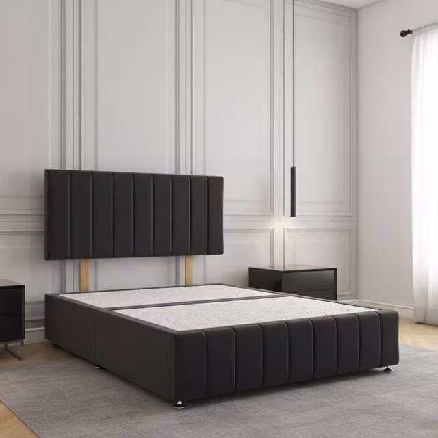 Regional Furnishings King Size Black Velvet Upholstered Divan Bed with 24 inch Headboard and Footboard, W/D/H: 180 x 200 cm
