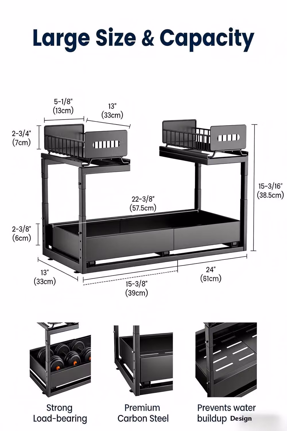 JANLEMNY 2-Tier Under Sink Pull-Out Sliding Storage Organiser in Matte Black – 3