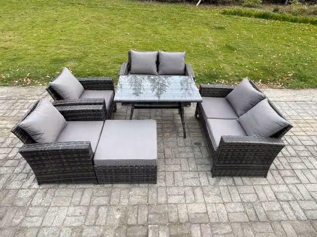 Fimous 7 Seater Rattan Garden Furniture Set with Rectangular Dining Table and Love Seat Sofa in Dark Grey