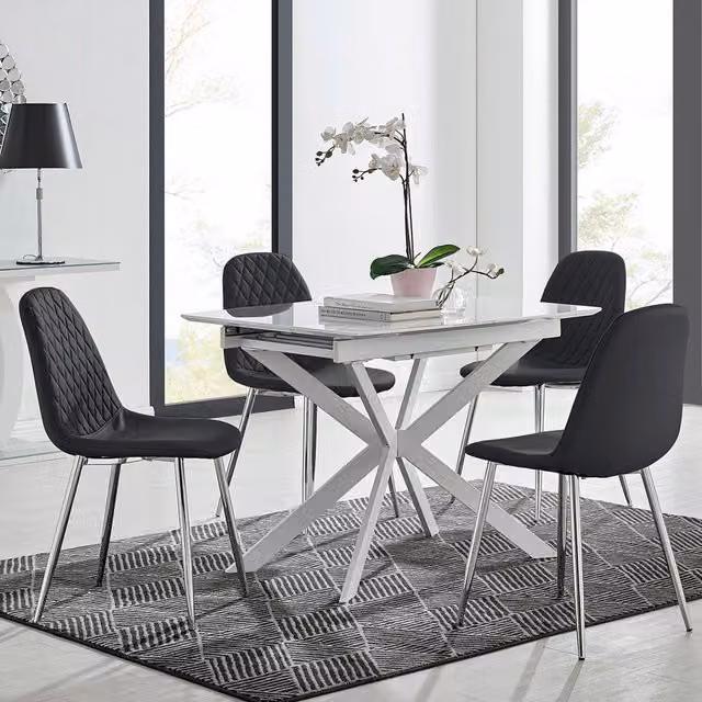FurnitureboxUK LIRA 100 Extending Rectangular Glass Dining Table and 4 Corona Silver Leg Chairs in Black and White