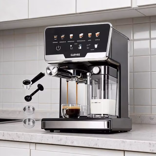 London Boutique Black Espresso Machine with Integrated Milk Frother, 20 Bar, 1450W