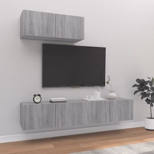 Berkfield Home 3 Piece Grey Wall Mounted TV Cabinet Set with Hinged Doors and Internal Shelves – 1