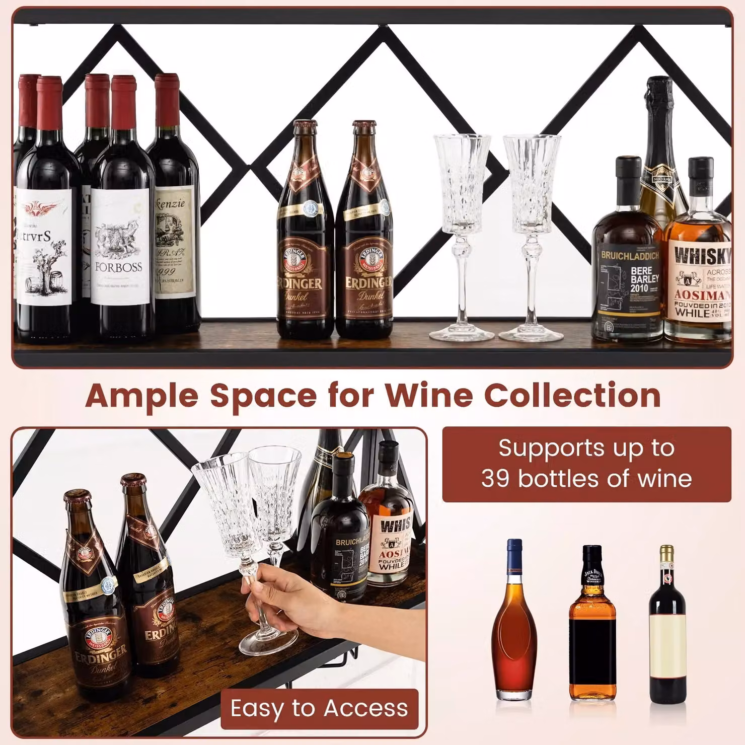 Costway Brown Wall Mounted Wine Rack and Display Shelf with 6-Row Stemware Holder for 39 Bottles – 3