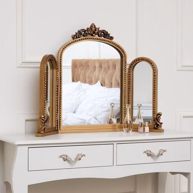 Melody Maison Gold Ornate Arched Triple Dressing Table Mirror, W: 80 cm, H: 56 cm