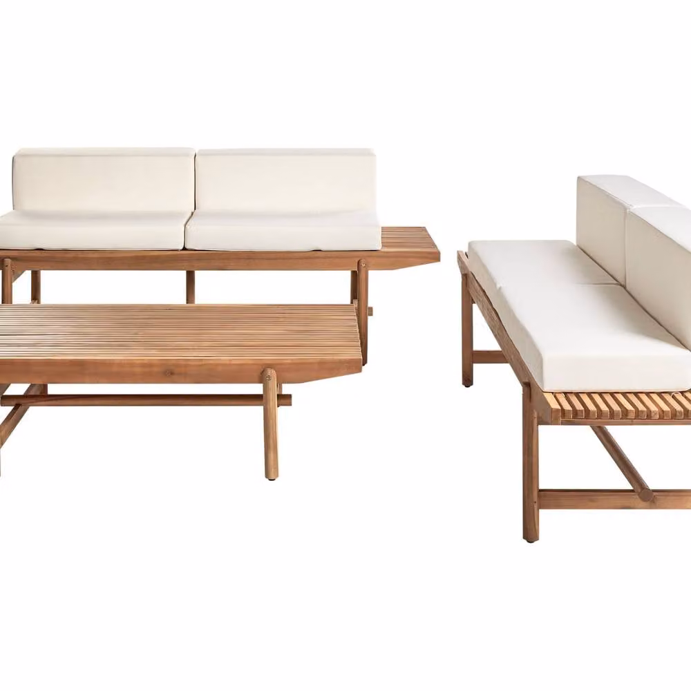 Wyld and Coco Rustic Acacia 4 Seater Garden Sofa Set with Coffee Table and Off-White Cushions in Brown – 2