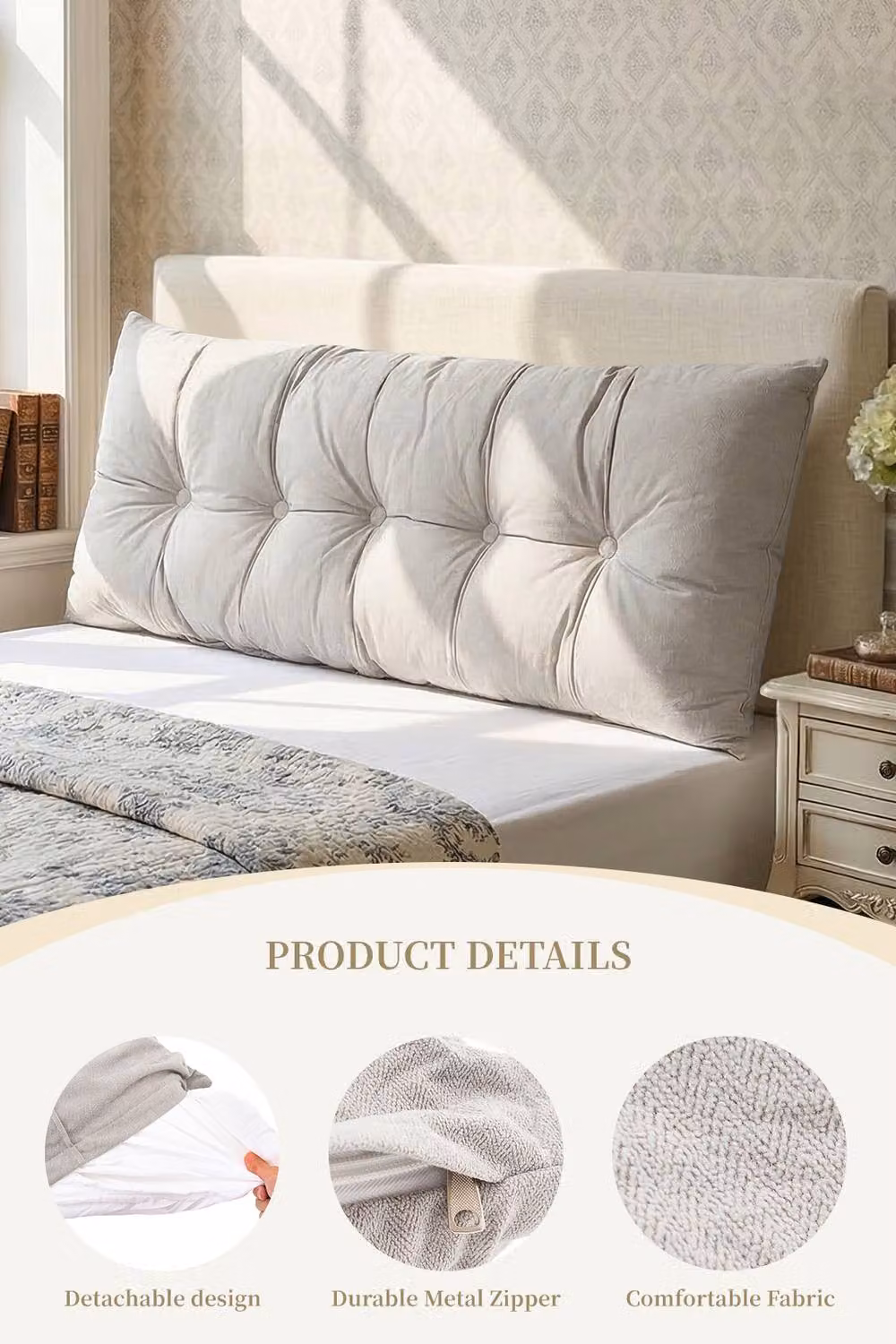 Living and Home Cozy Upholstered Headboard Pillow in Grey Chenille and Cotton – 2