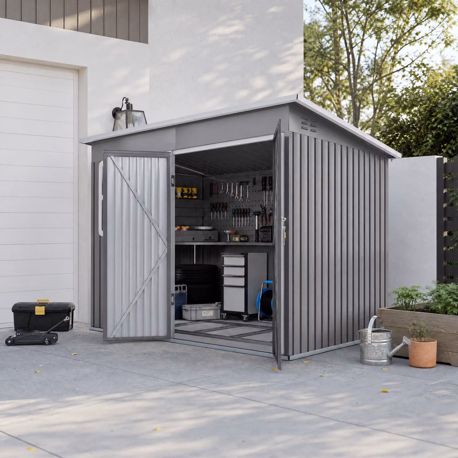 Outsunny Galvanised Steel Pent Garden Storage Shed in Light Grey with Foundation Kit, Window and Lockable Double Doors, W/D/H: 260 x 177 x 190 cm – 8